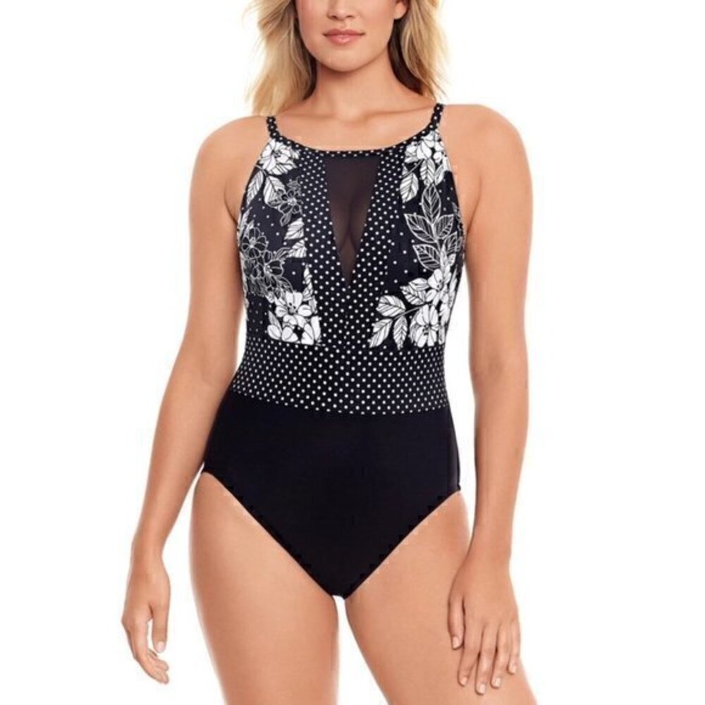 Swim Solution Flower Spot High Neck One Piece Swimsuit Size 18 NWT